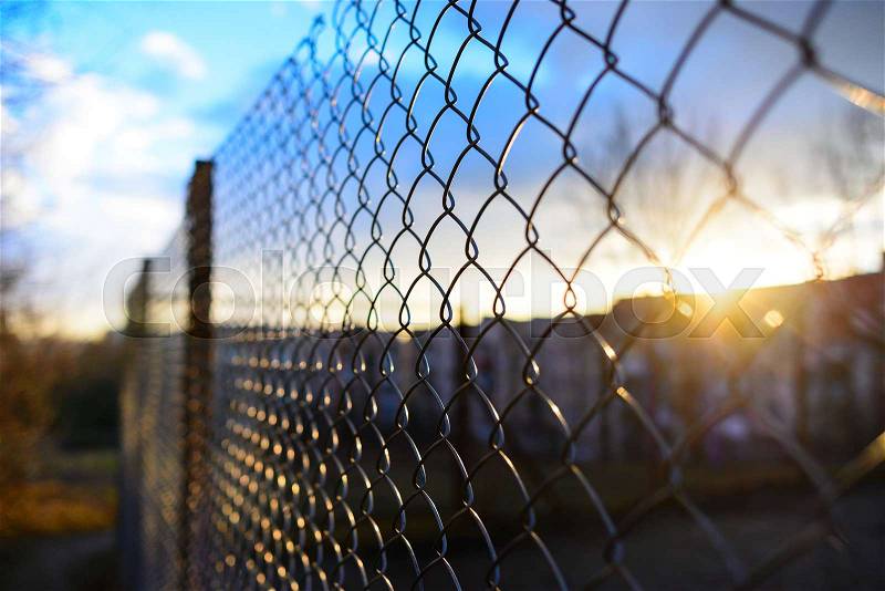 Fence with metal grid in perspective, background, stock photo
