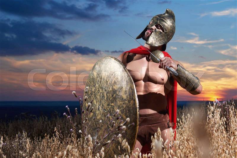 Courageous warrior in helmet showing to enemy of gesturing of dead holding weapon near neck. Soldier in iron armor and red cloak with shield going in attack on war at field. Dark sky over field, stock photo