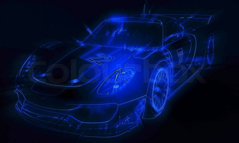 Neon blue sport car silhouette, stock photo