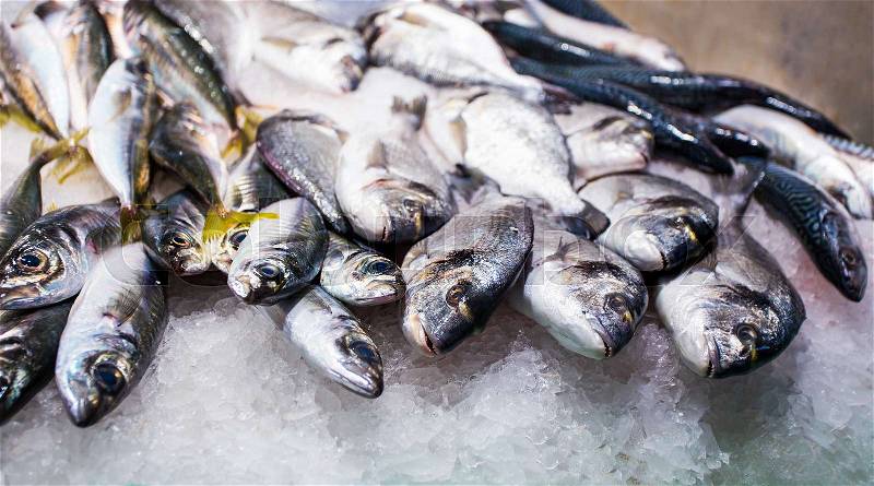 Close up of fresh fish in ice on market stall, stock photo