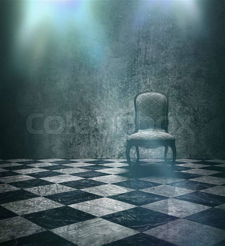 Antique chair in rough patina silver wall and checkered marble floor stage, stock photo