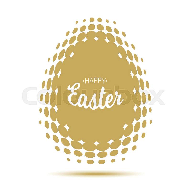 Vector Happy Easter typographic calligraphic lettering with gold halftone egg frame isolated on white background. Retro holiday easter badge. Religious holiday sign, vector