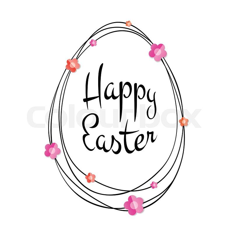 Vector Happy Easter black typographic calligraphic lettering with gold scribble egg frame and colorful paper flowers isolated on white background. Retro holiday easter badge. Religious holiday sign, vector