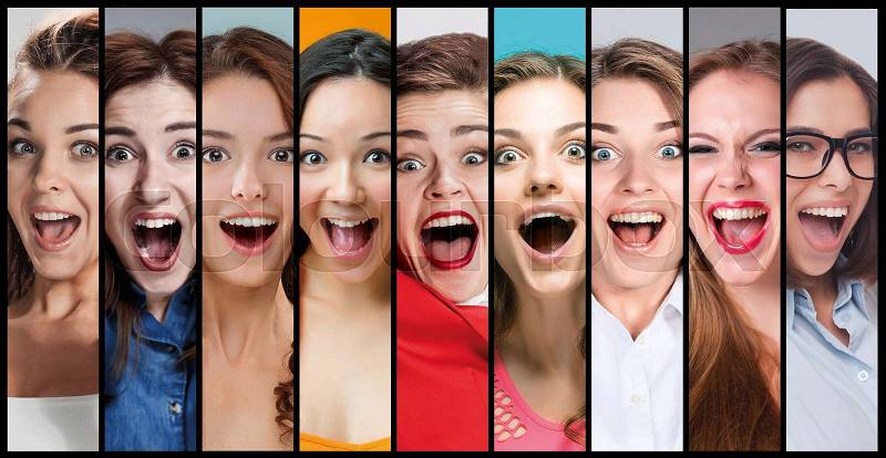 The collage of young woman smiling and surprised face expressions, stock photo