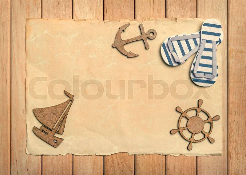 Old paper flip-flops and starfish. Summer still life, stock photo