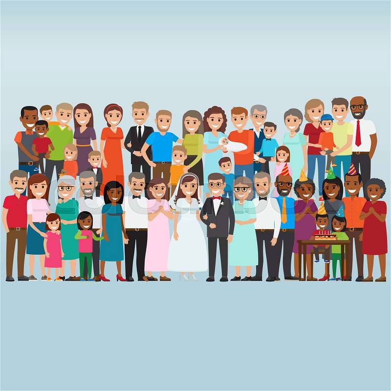 Set of people celebrating family holidays. Newlyweds with parents-in-law, kids birthday party friends, happy parents with newborn flat vectors. Big collection of relatives and friends illustration, vector