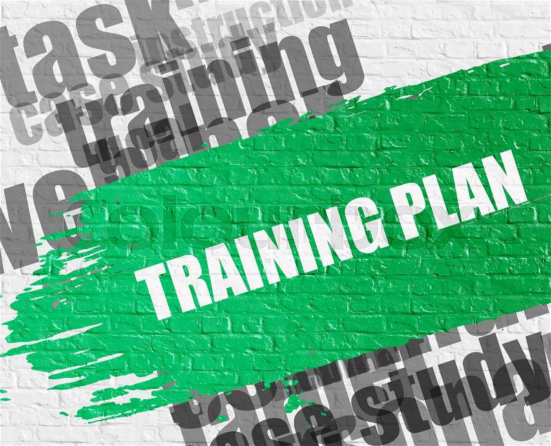 Business Education Concept: Training Plan - on the White Brickwall with Wordcloud Around. Modern Illustration. Training Plan. Green Message on the White Brick Wall. , stock photo