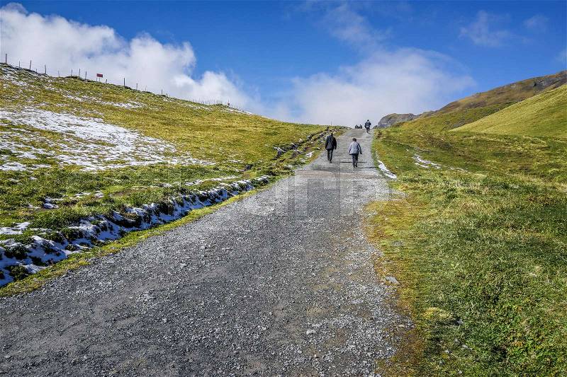 View of stone walk way to alp mountain with people hiking, green grass and clear blue sky, stock photo