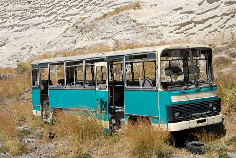 Old abandoned bus in Santorini, Greece, stock photo