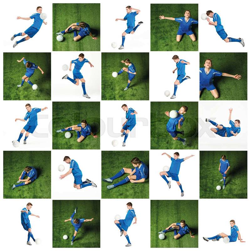 Young boy with soccer ball doing flying kick. Collage, stock photo