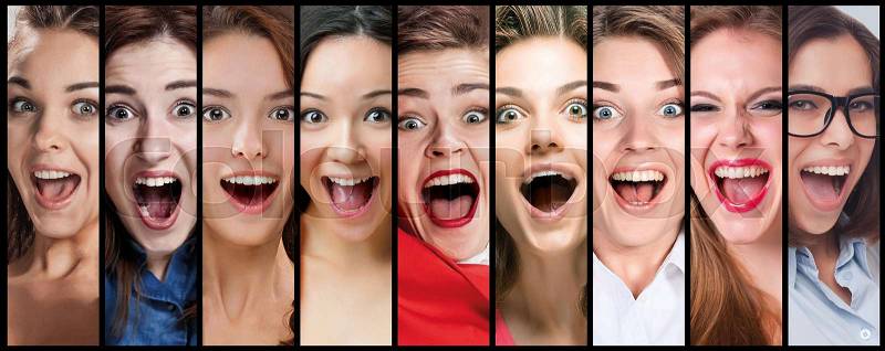The collage of young woman smiling and surprised face expressions, stock photo