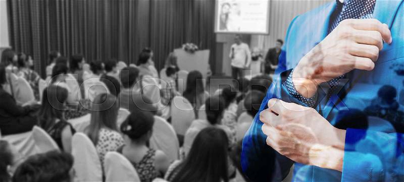 Business concept : asia people listen in business seminar presentation hall of hotel room with social network connection icon symbol ,blured filter ,double exposure. , stock photo
