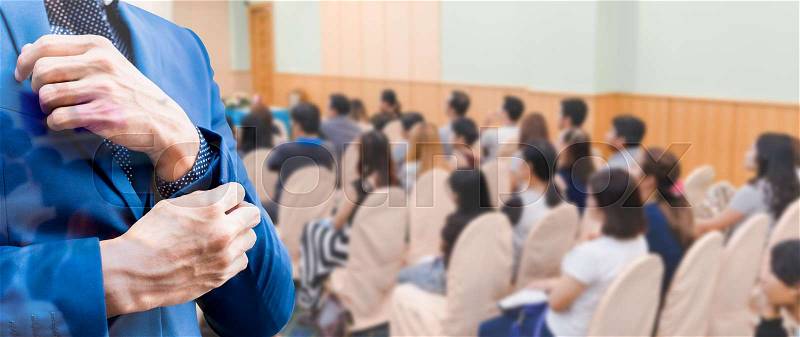 Business concept : asia people listen in business seminar presentation hall of hotel room with social network connection icon symbol ,blured filter ,double exposure. , stock photo