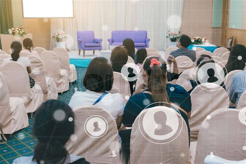 Business concept : asia people listen in business seminar presentation hall of hotel room with social network connection icon symbol ,selective focus. , stock photo