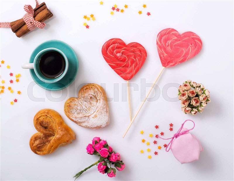Coffee Party Valentine\'s Day with Buns and Lollipops, stock photo