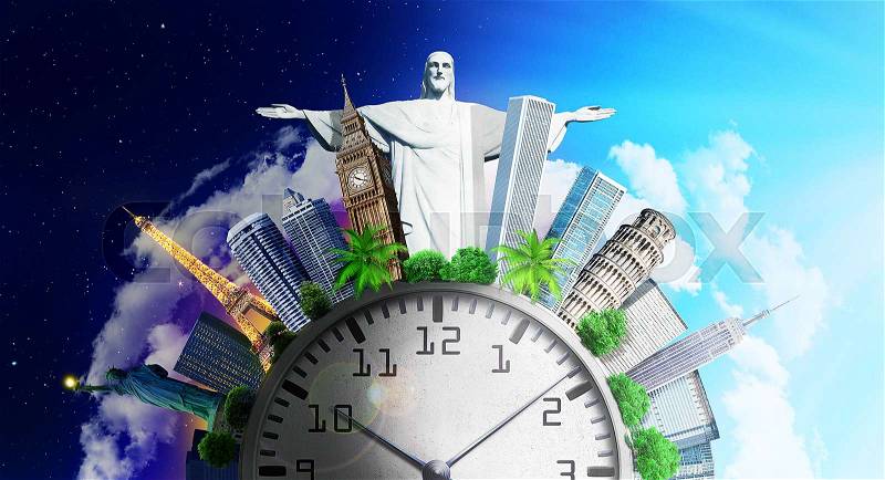 Travel concept. Time zones. World attractions around clock separated to day and night, stock photo