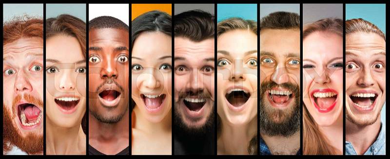 The collage of young women and men smiling and surprised face expressions, stock photo