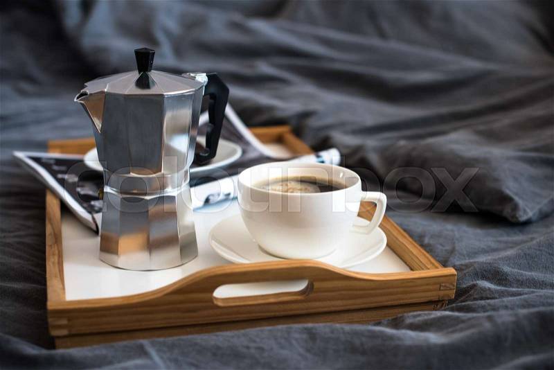 Coffee and breakfast in bed, cozy morning home styled meal, stock photo