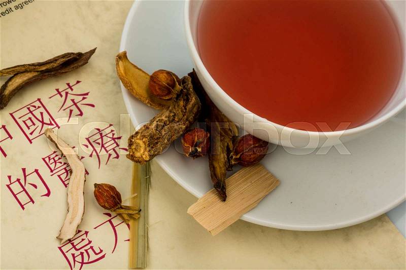 Ingredients for a cup of tea in traditional chinese medicine. curing diseases through alternative methods, stock photo