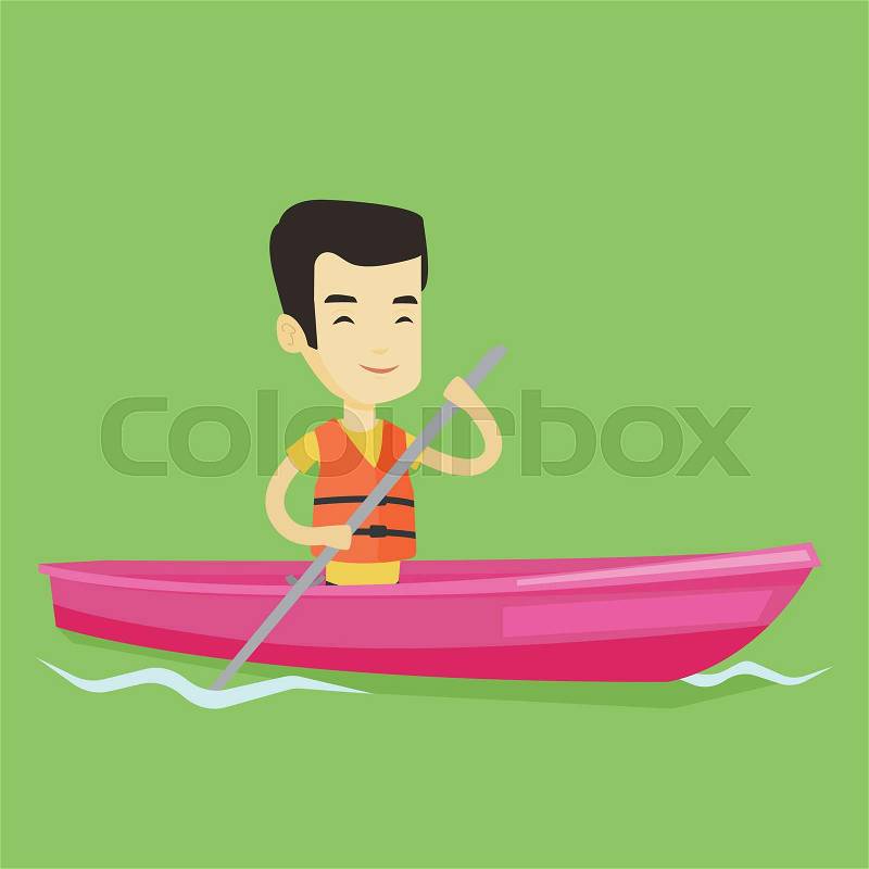 Young asian man traveling by kayak. Sportsman riding in a kayak in the river. Male kayaker paddling. Sportsman paddling a canoe. Vector flat design illustration. Square layout, vector