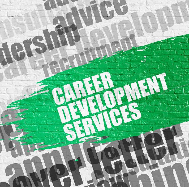 Education Concept: Career Development Services on the White Brickwall Background with Word Cloud Around It. Career Development Services - on White Wall with Word Cloud Around. Modern Illustration. , stock photo