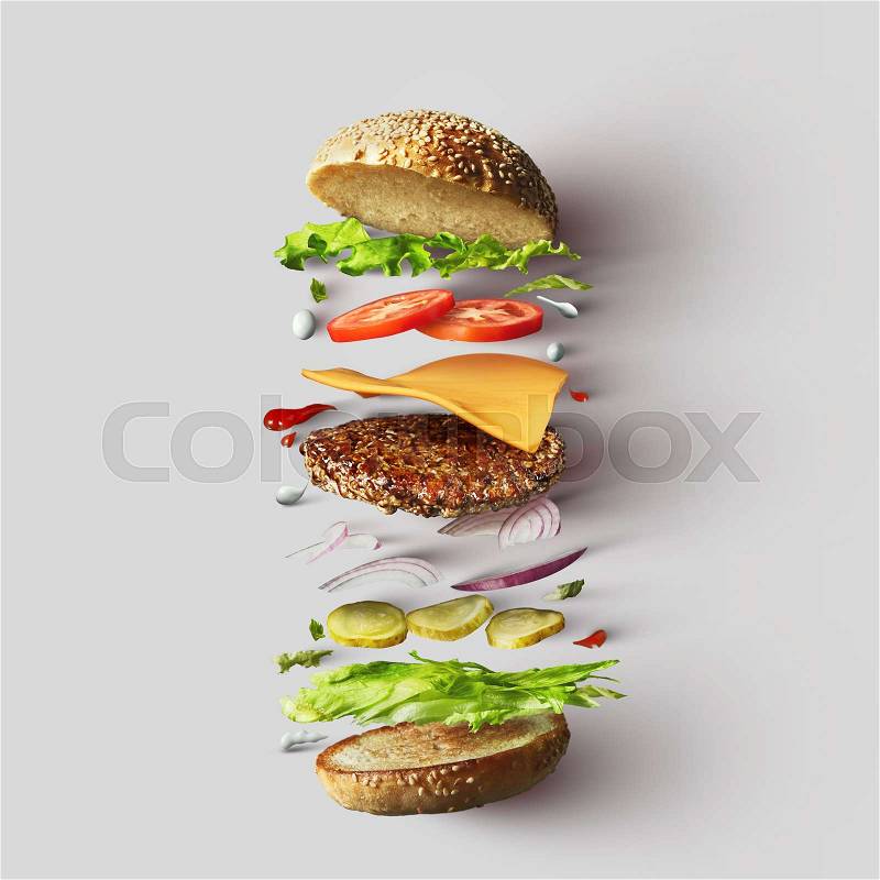 Top view of cheeseburger ingredients represented against white background. Hamburger or sandwich with cheese, tomato, beef, etc, stock photo