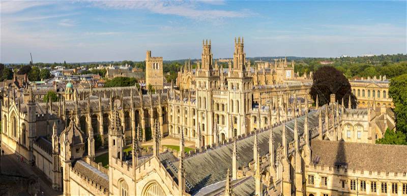 Panoramic aerial view of All Souls College, Oxford University, Oxford in a beautiful summer day, England, United Kingdom, stock photo