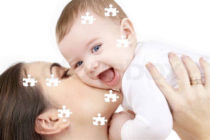 Puzzle picture of happy mother with baby over white, stock photo