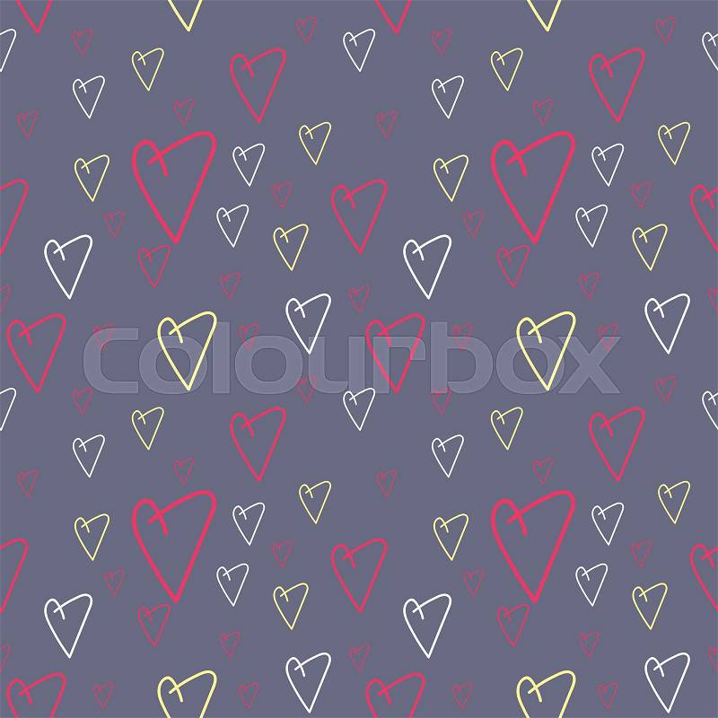 Modern flat pattern background with doodle hearts in vibrant colors, stock photo