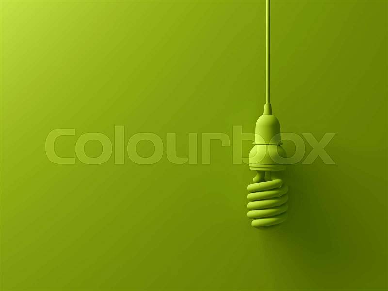 Green eco energy saving compact fluorescent light bulb hanging isolated on green background with shadow , the same color abstract creative idea concept . 3D rendering, stock photo