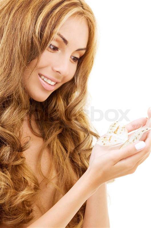 Picture of healthy beautiful woman with butterfly, stock photo