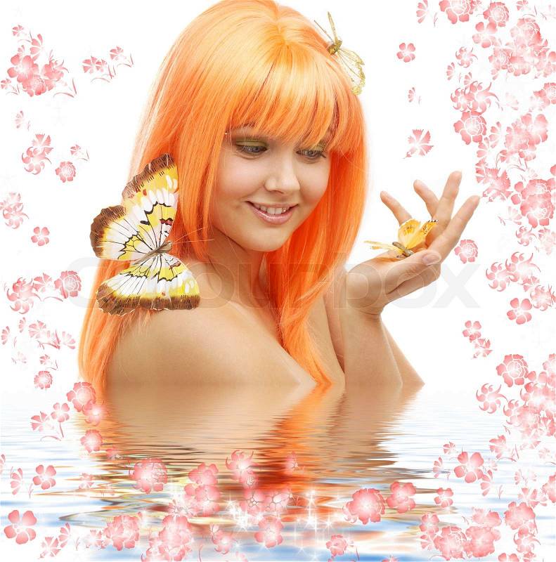 Picture of lovely orange hair girl with butterflies and flowers in water, stock photo