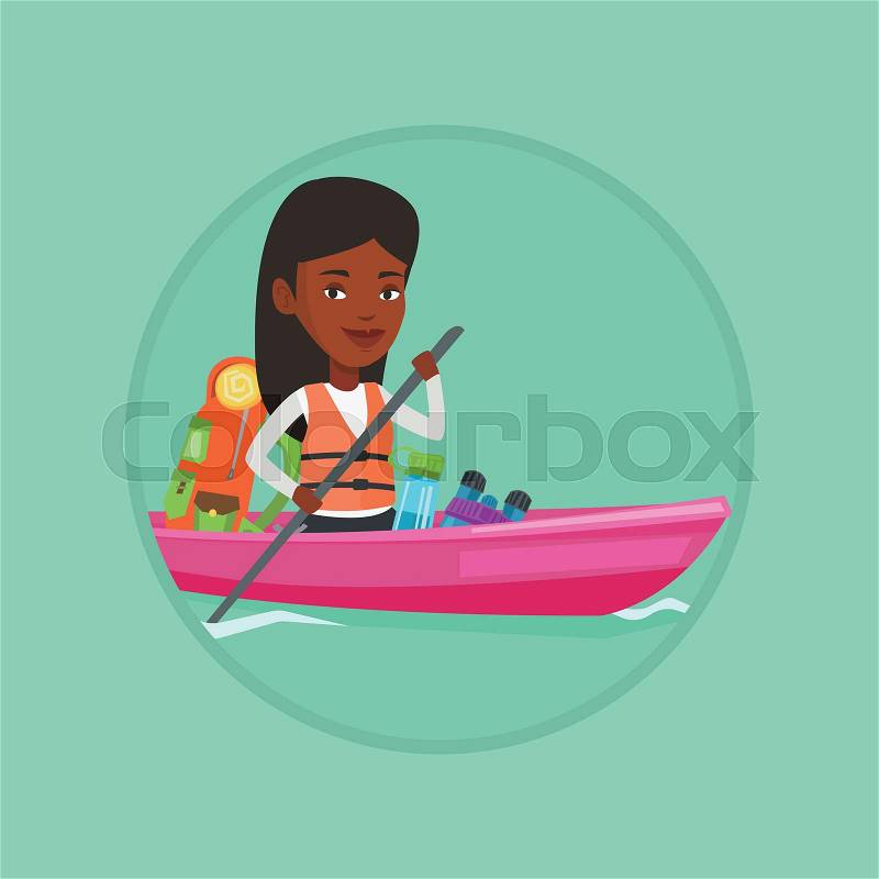 African-american traveling woman riding in a kayak on the river with skull in hands. Woman traveling by kayak during summer trip. Vector flat design illustration in the circle isolated on background, vector