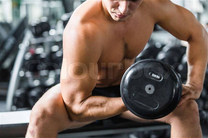 Mid section portrait of shirtless muscular man doing arm exercise working out with dumbbells during strength training in modern gym, flexing and pumping bicep muscles, stock photo