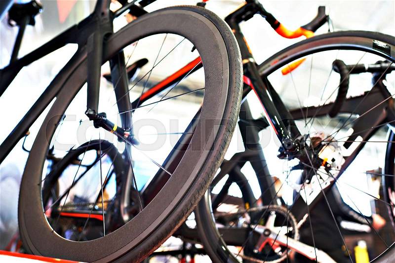 Racing bicycles in storefront in the store, stock photo