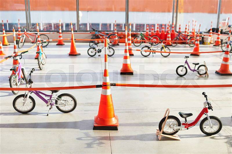Children\'s bicycle training ground indoors, stock photo