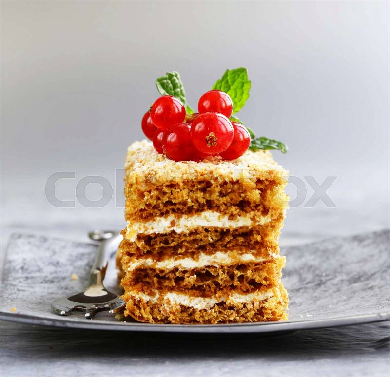 A piece of cake with berries and creamy cream - a delicious dessert, stock photo