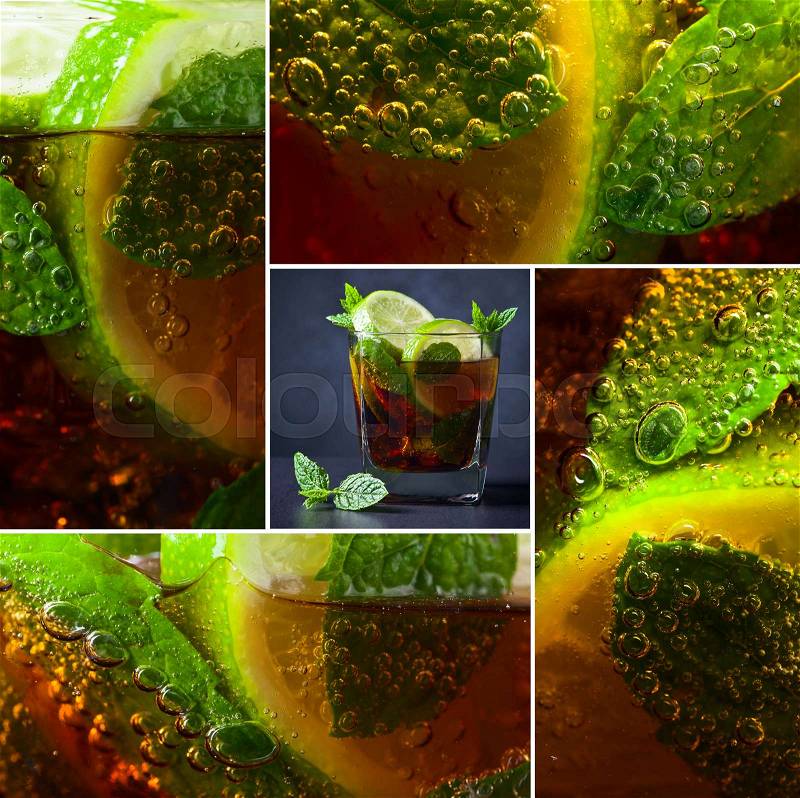Cola with lime , ice and peppermint leaves , stock photo
