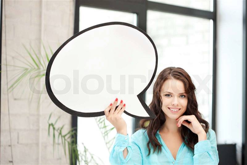 Bright picture of smiling woman with blank text bubble, stock photo