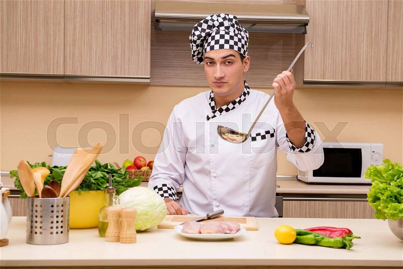 Young chef working in the kitchen, stock photo