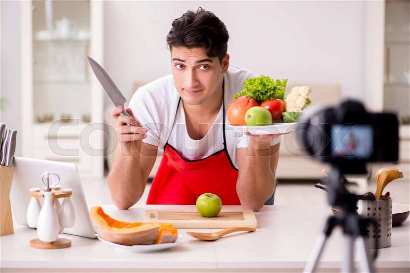 Food nutrition blogger recording video for blog, stock photo