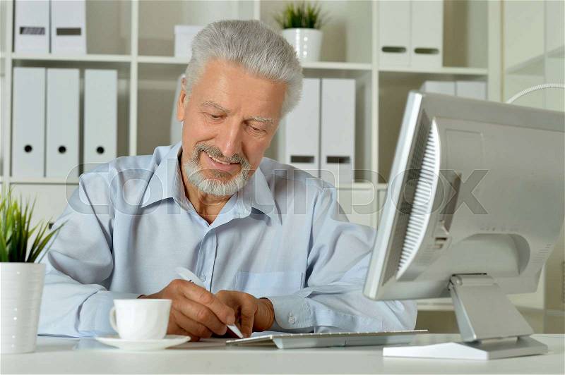 Portrait of a old business woman using laptop at office, stock photo