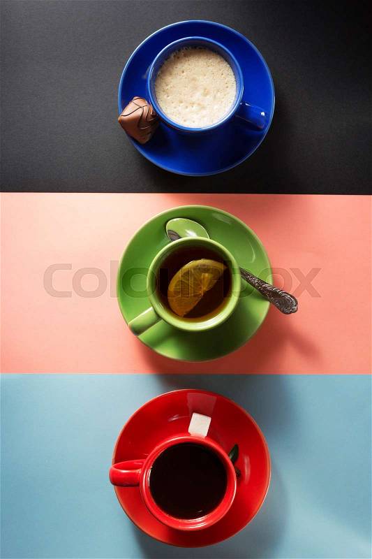 Cup of coffee and tea on paper background, stock photo