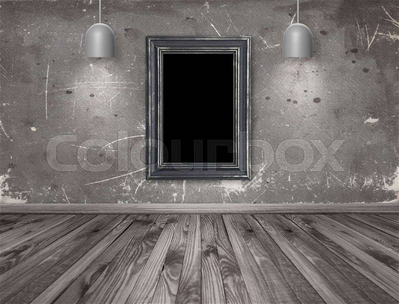 Home interior with empty photo frame and chandelier on grungy wall background. Copy space, stock photo