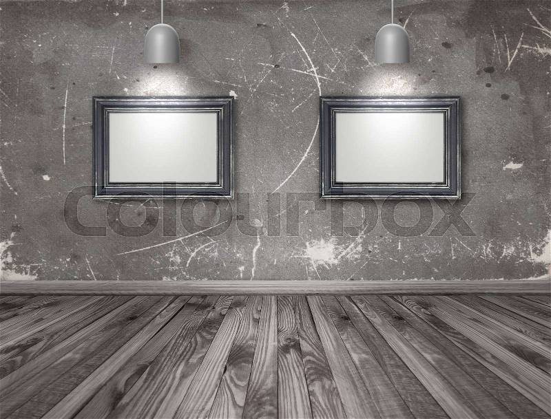 Home interior with empty photo frame and chandelier on grungy wall background. Copy space, stock photo