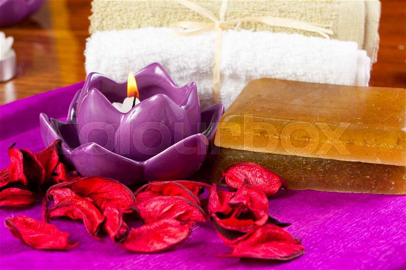 Candles, flower petals and other spa attributes, stock photo