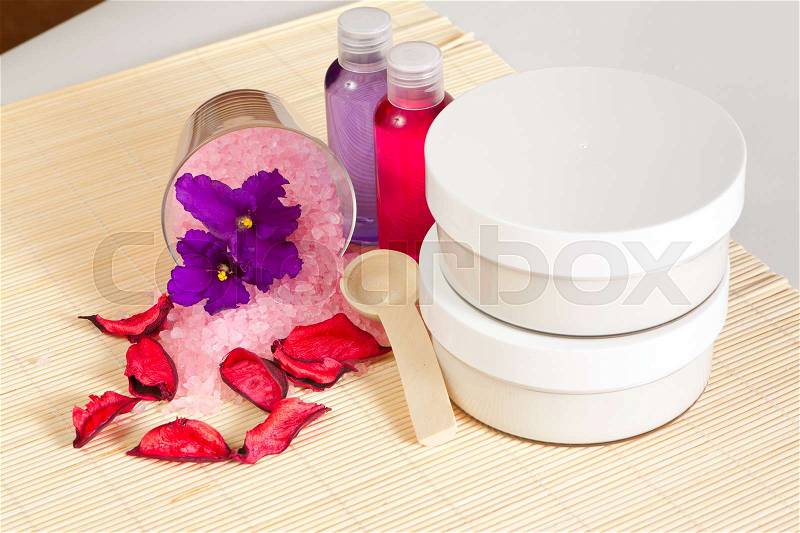 Moisturizing cream, sea salt and other body care products, stock photo