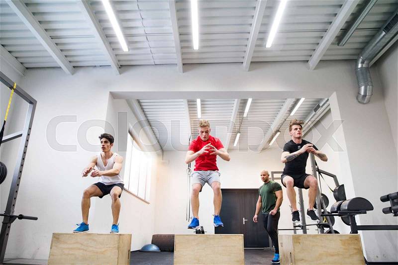 Three young fit men in crossfit gym with their personal trainer doing box squats, practicing box jumps, stock photo