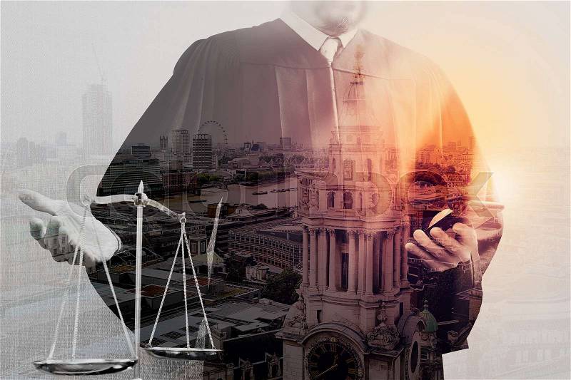 Double exposure of justice and law concept.Male judge in a courtroom with the balance scale and using smart phone,London city, stock photo