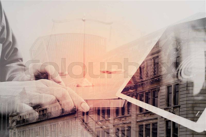 Justice and law concept.Male lawyer in office with the balance brass scale,hand working with smart phone and digital tablet computer on wooden desk with london city background,double exposure, stock photo